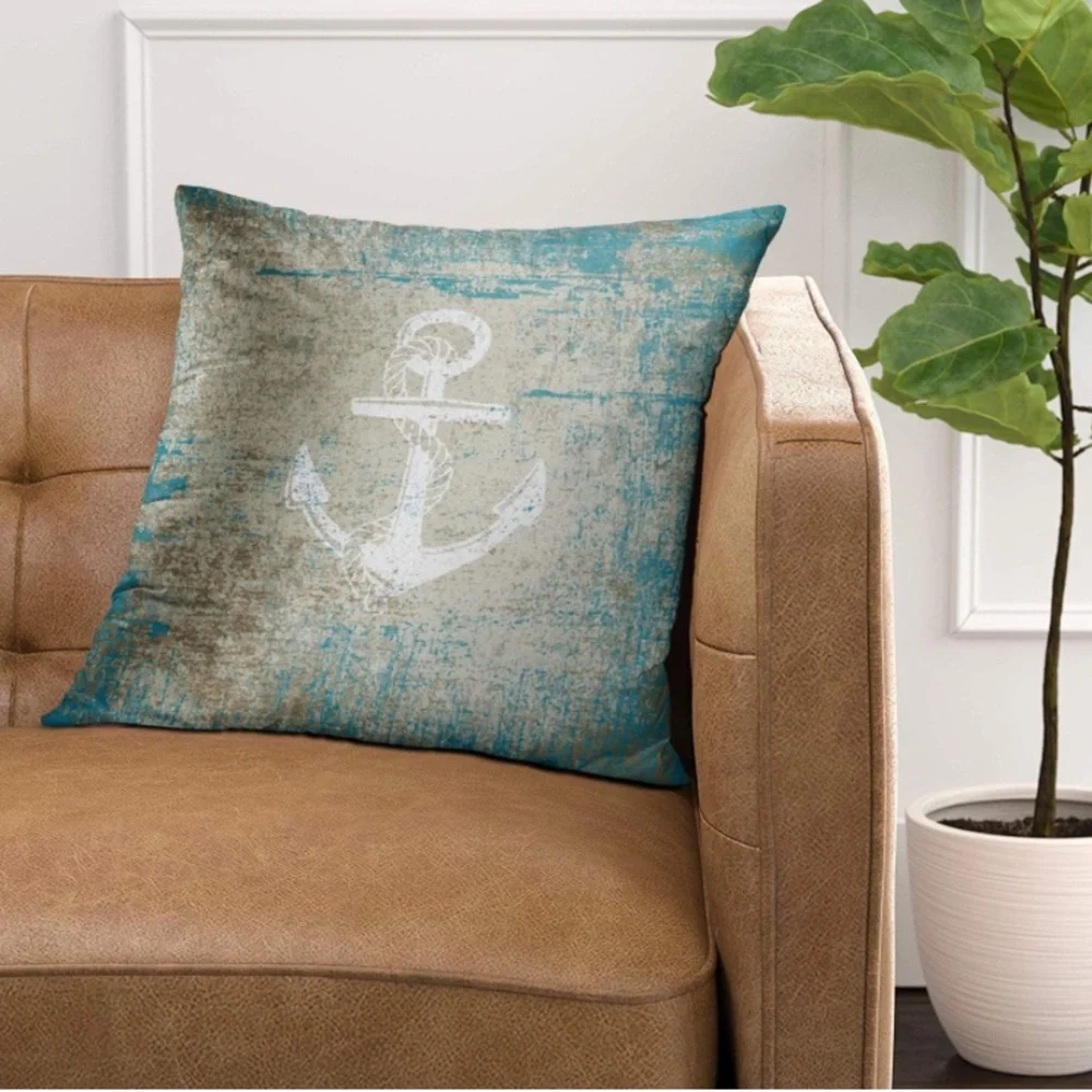 Luxury Home | Nautical Coastal Teal & Beige Gradient Anchor Throw Pillow Cover